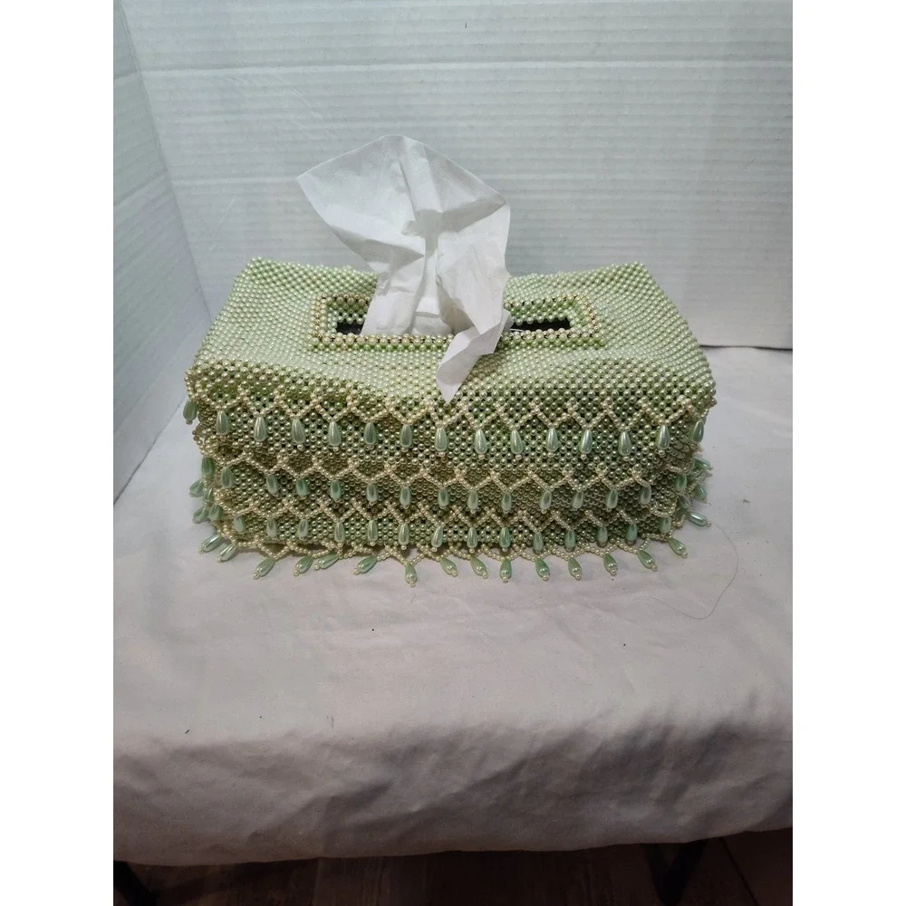 Handmade Green & White Beaded Tissue Box Cover 9.5
